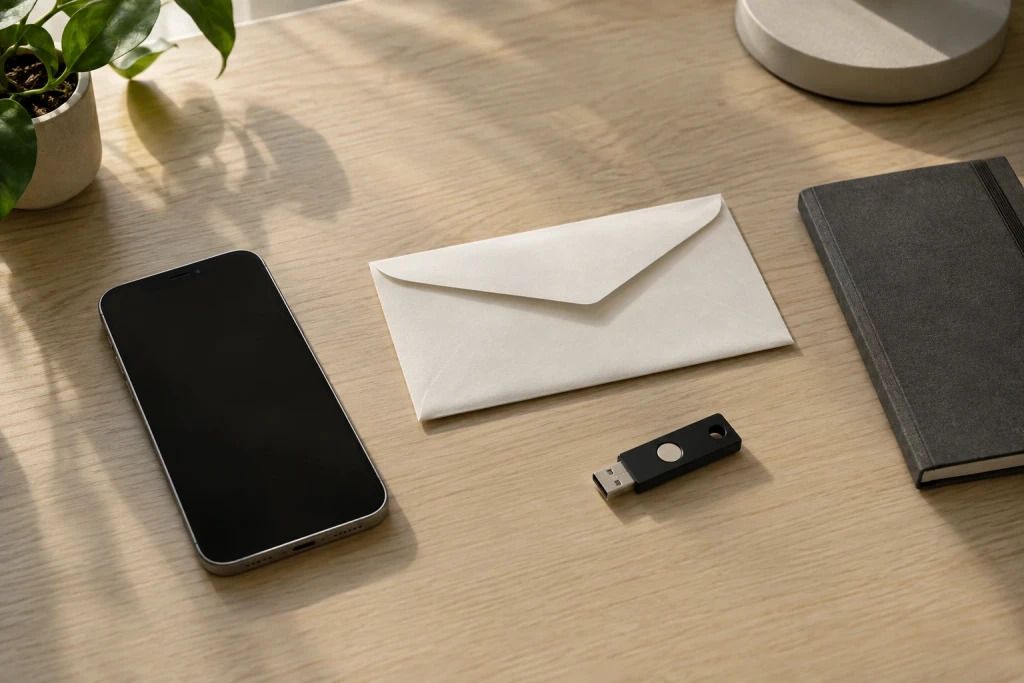 화면이 꺼진 스마트폰과 분리해 놓은 종이 봉투, USB 보안 키와 노트