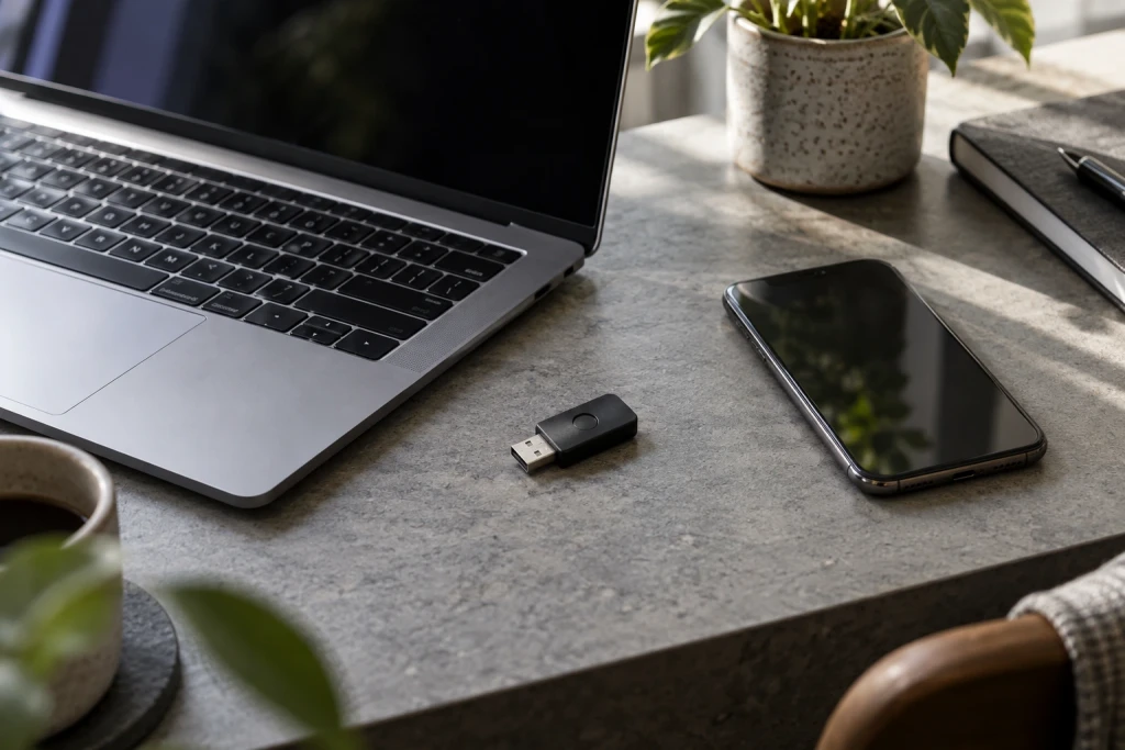 회색 책상 위 노트북과 화면이 꺼진 스마트폰 옆에 놓인 USB 보안 키