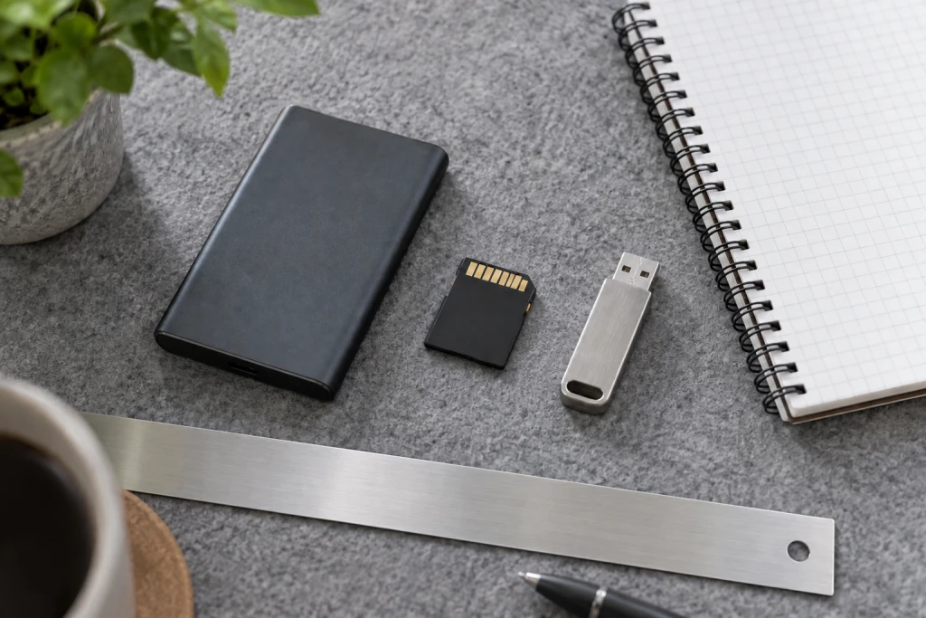 회색 작업대 위 외장 저장장치와 SD 카드, USB 메모리, 격자 노트와 눈금 없는 금속 직선자
